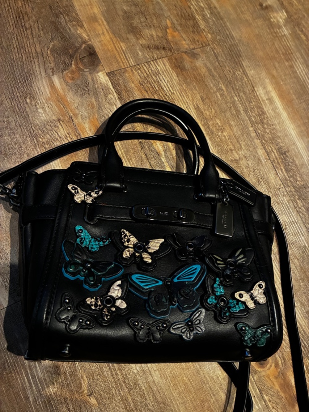 Coach Top Handle Butterfly Appliqué Satchel Black Leather